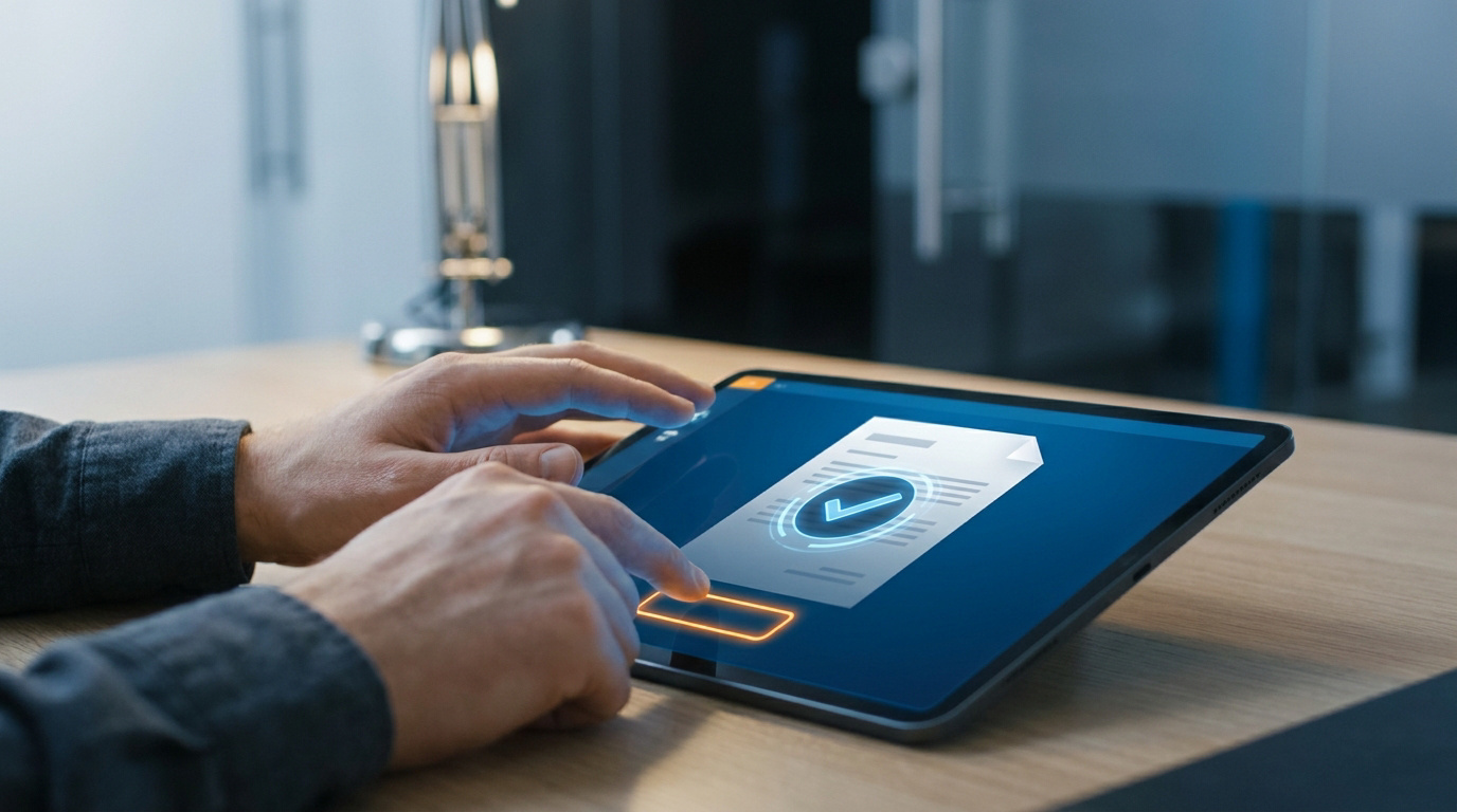 Une personne utilisant une tablette tactile pour valider numériquement un document fiscal officiel.