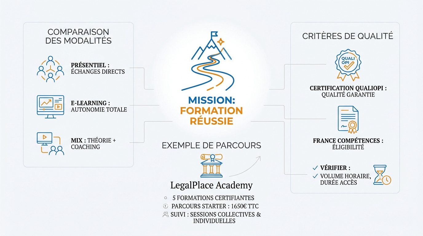 Infographie comparant les formats de formation présentiel, e-learning et mixte pour entrepreneurs