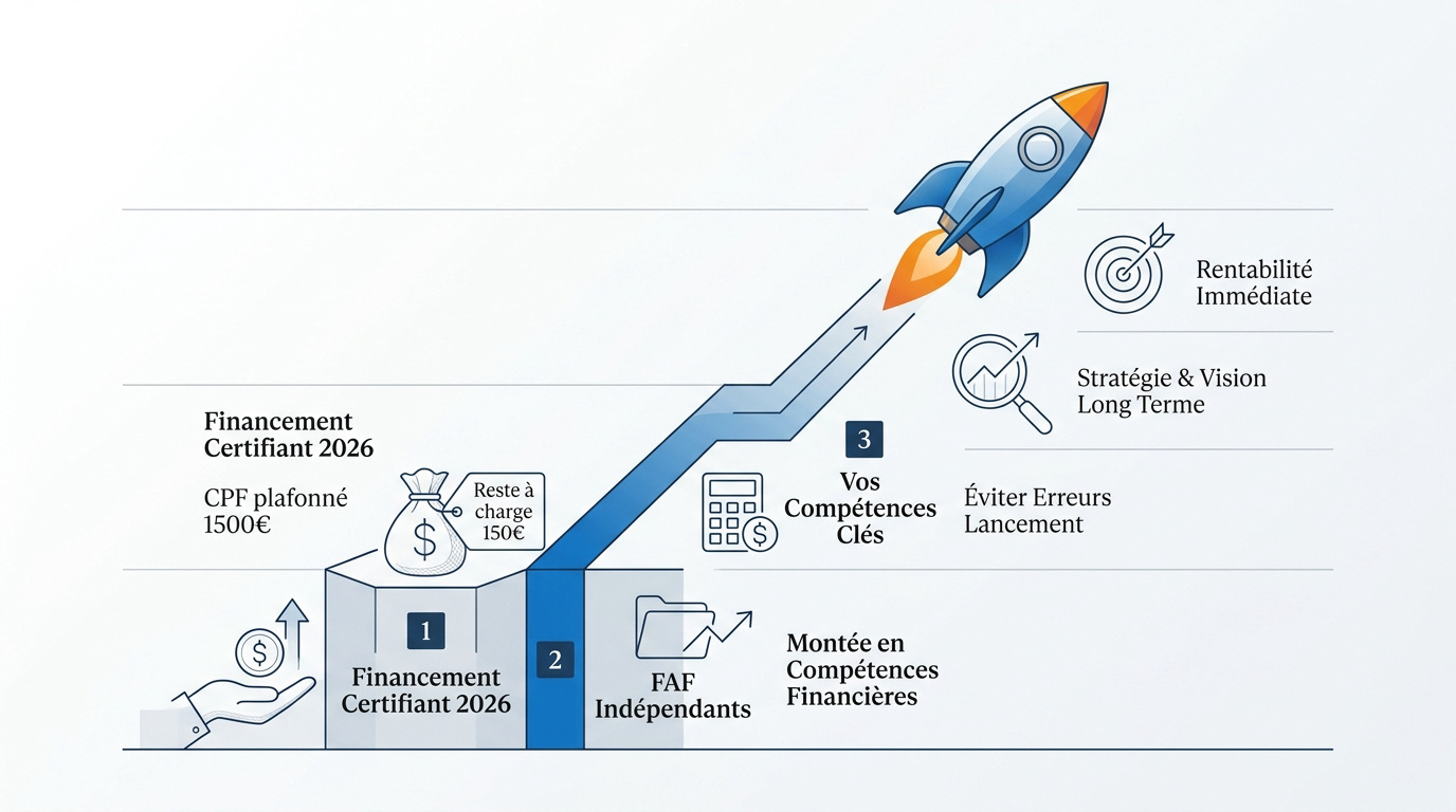 Infographie sur les étapes du lancement d'entreprise et les solutions de financement en 2026